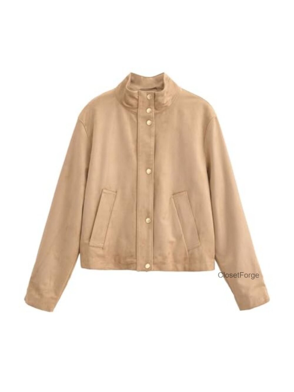 Faux Suede Cropped Utility Jacket High Neck Button Front Streetwear